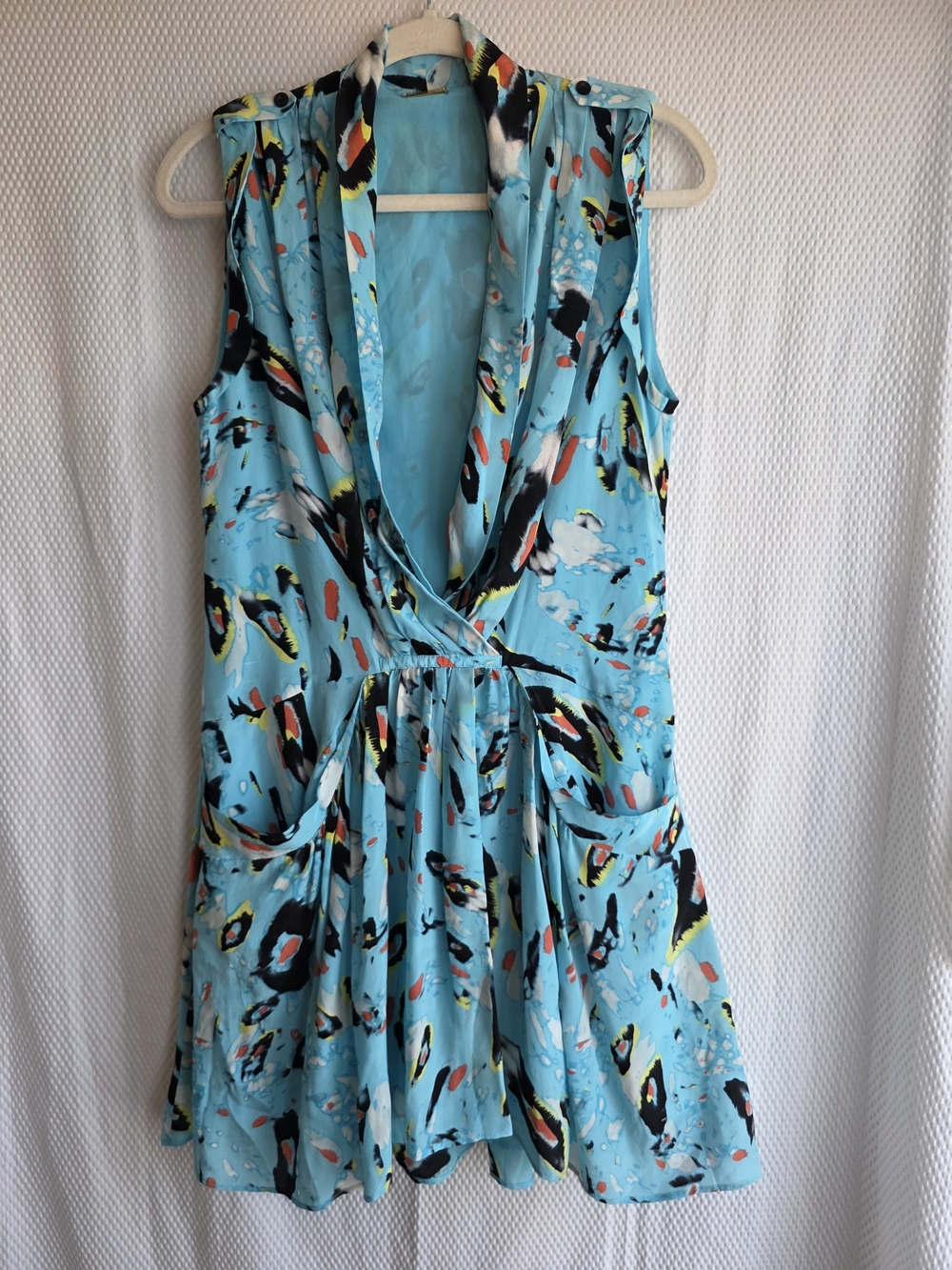 Rebecca Minkoff 100% Silk Faux Wrap Dress, Blue Abstract Print, Size XS, Excelle